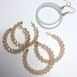 630 Goldtone drop beaded circle hoop dangle white/ Champange elegant Earrings